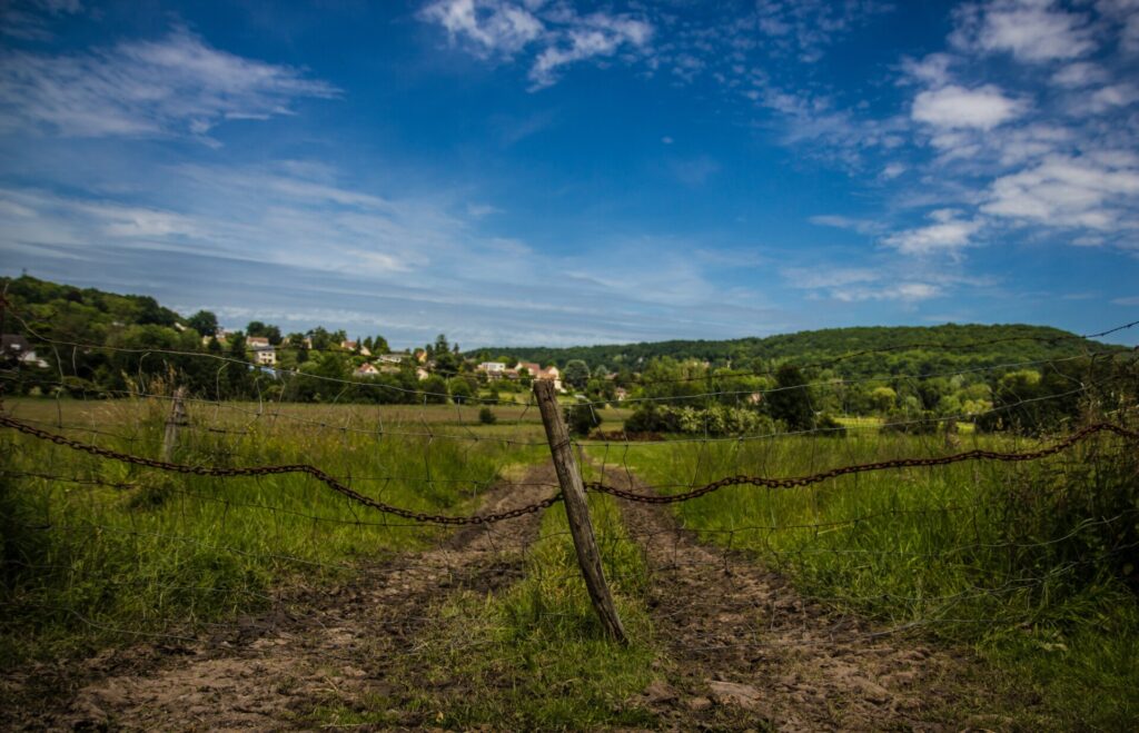 old wire mesh farm fence on farmland